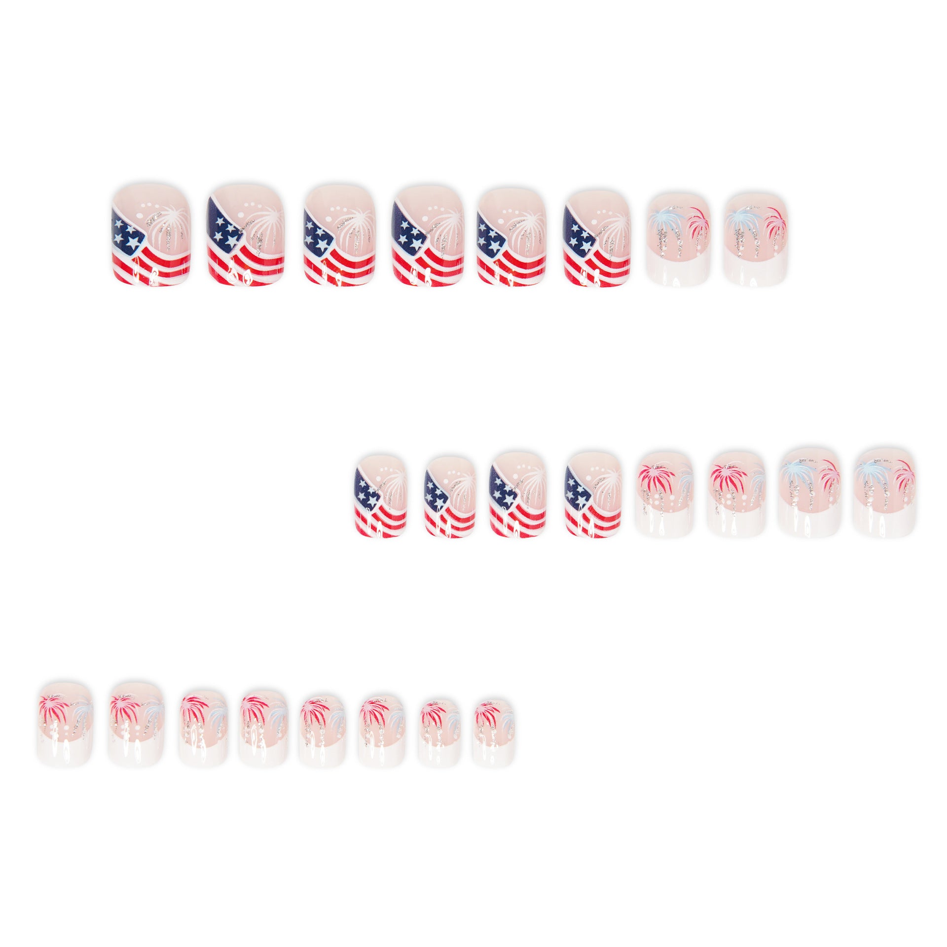 365nails: 독립기념일 불꽃 스타 스트라이프 프렌치 숏 프레스온 네일