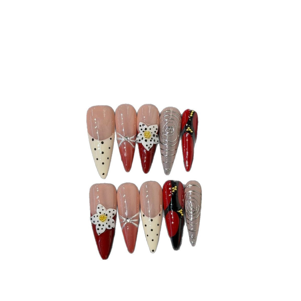365nails: "復古暗黑" – 3D 花卉與波點 手工製 長款尖形穿戴甲