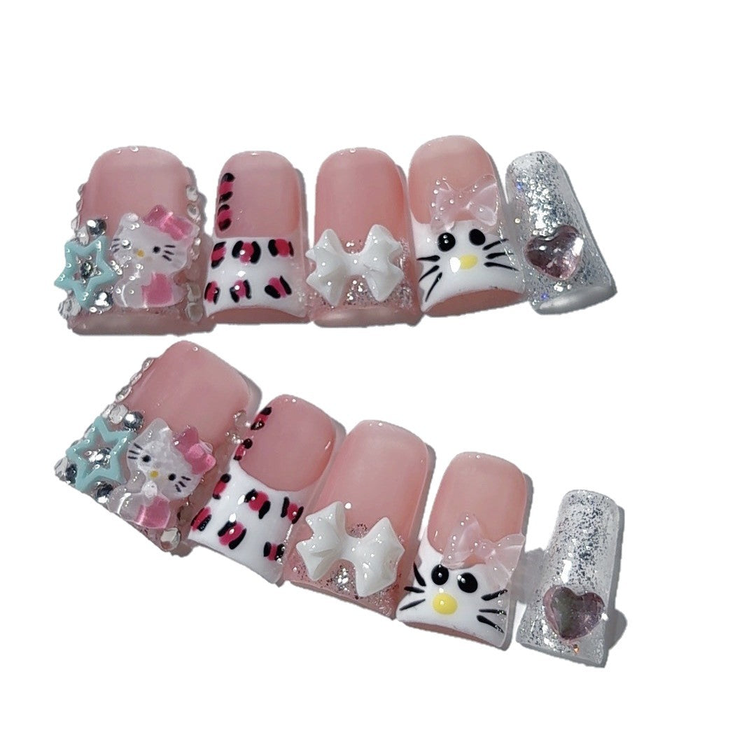 Sweet Kitty Series: "Pink Starry Kitty" – Short Square Handmade Press-on Nails