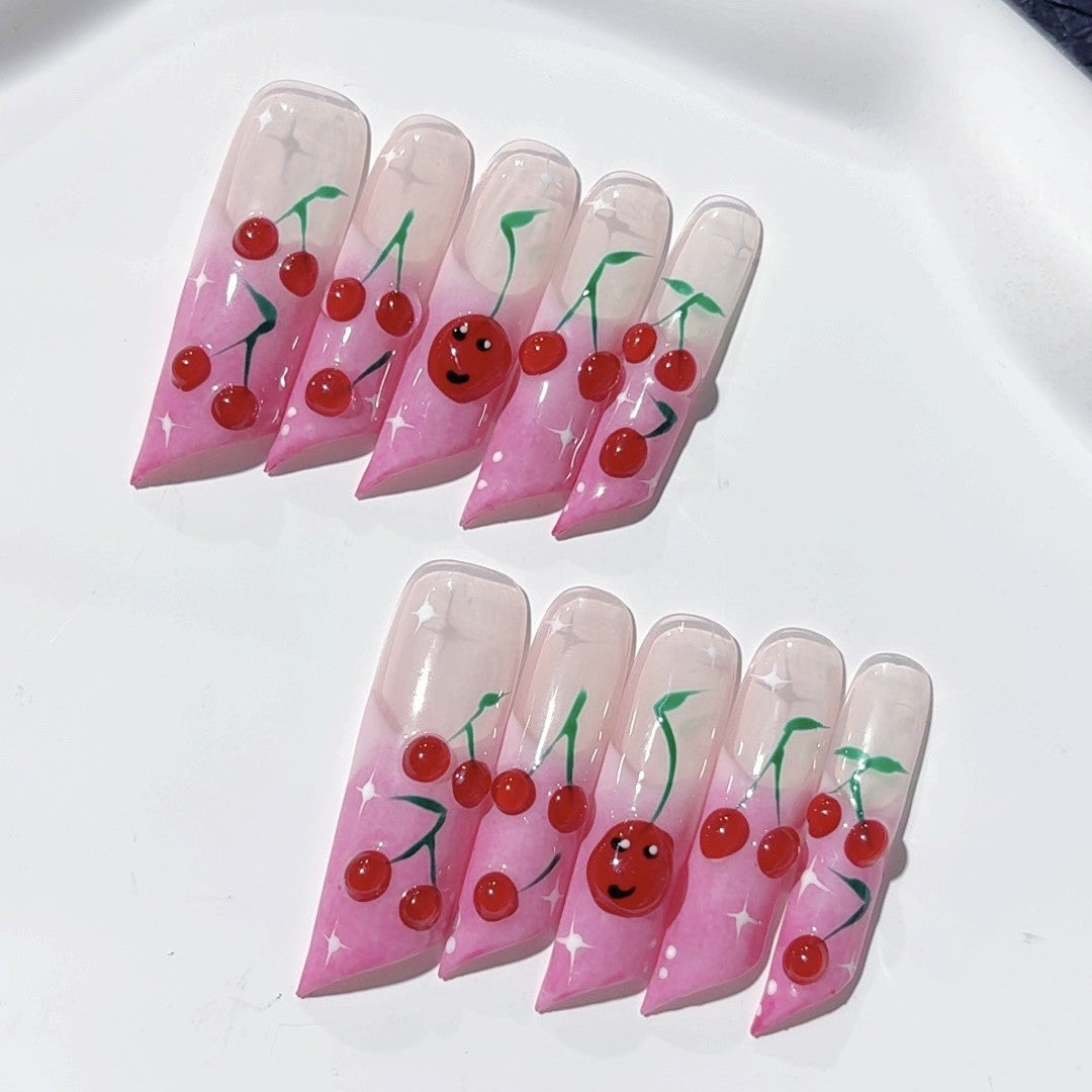 Cute Cherry Gradient Extra Long Press On Nails