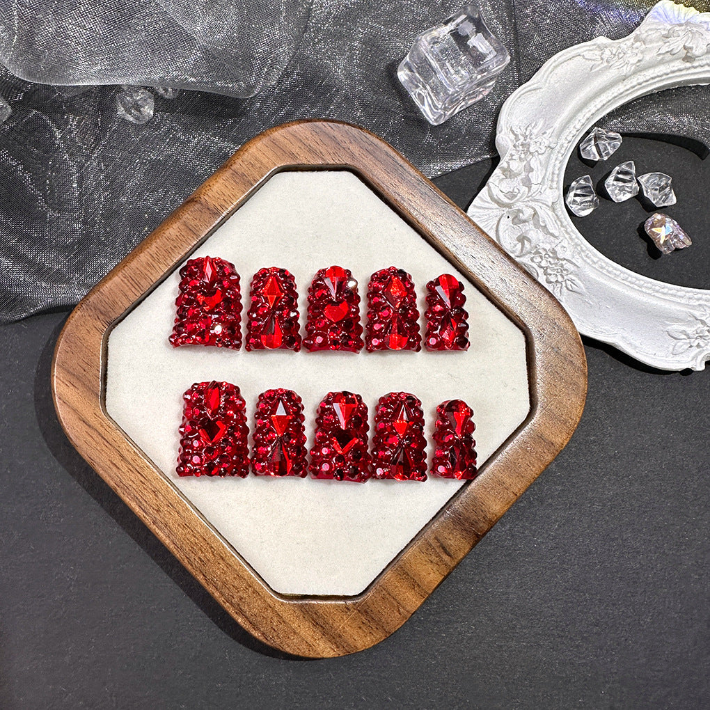 Red Crystal Full Rhinestone Press On Nails