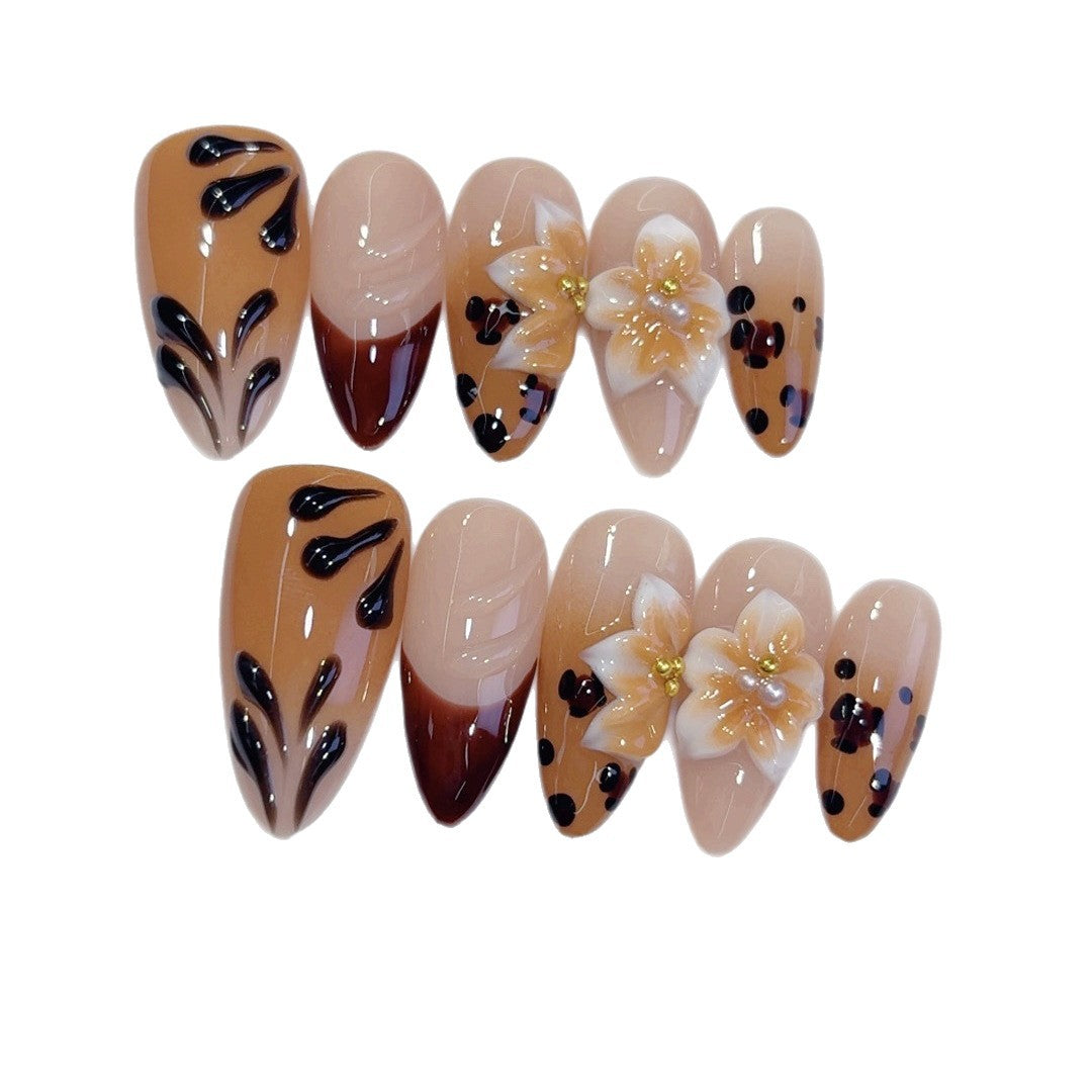 Amber Bloom: "Leopard & Flower" – Long Almond Handmade Press On Nails