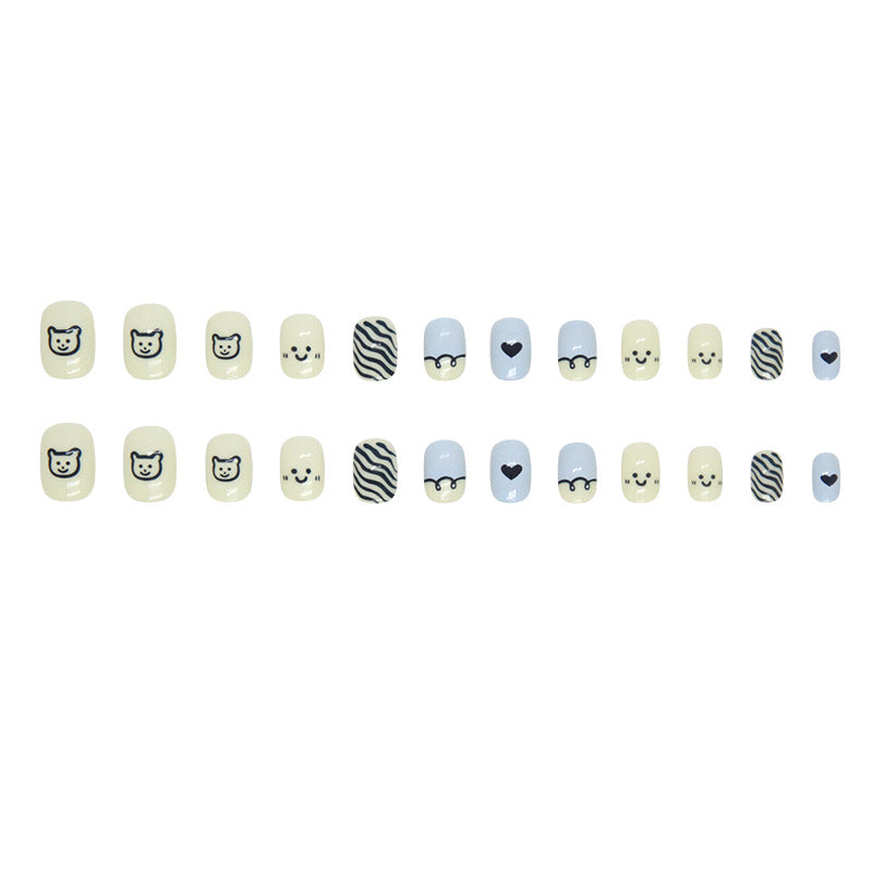 Esquema de cores de rosto sorridente de urso com linhas fofas e simples, manicure fofa para crianças ｜365nails