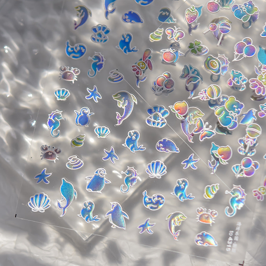 Adesivos de Unha Criaturas Oceânicas Holográficas – Conjunto Mágico Subaquático em Relevo 5D