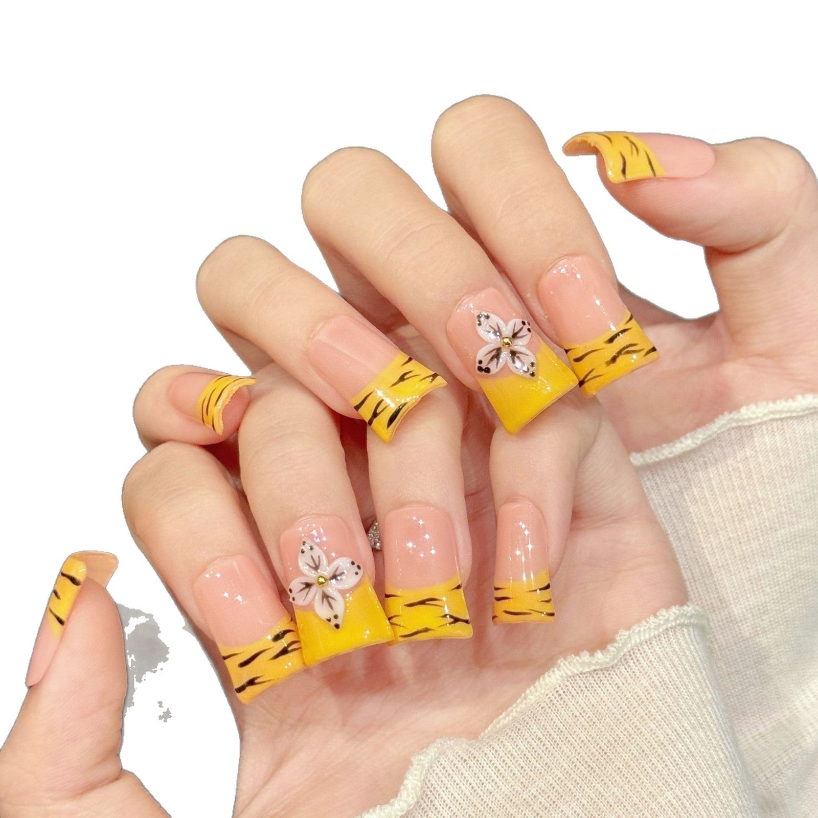Peach Tiger Stripe Floral Cute Nails
