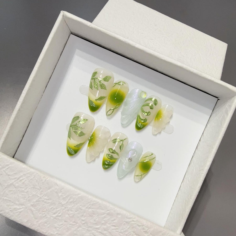 365nails: "Green Oasis" – 3D Floral Handmade Almond Nails