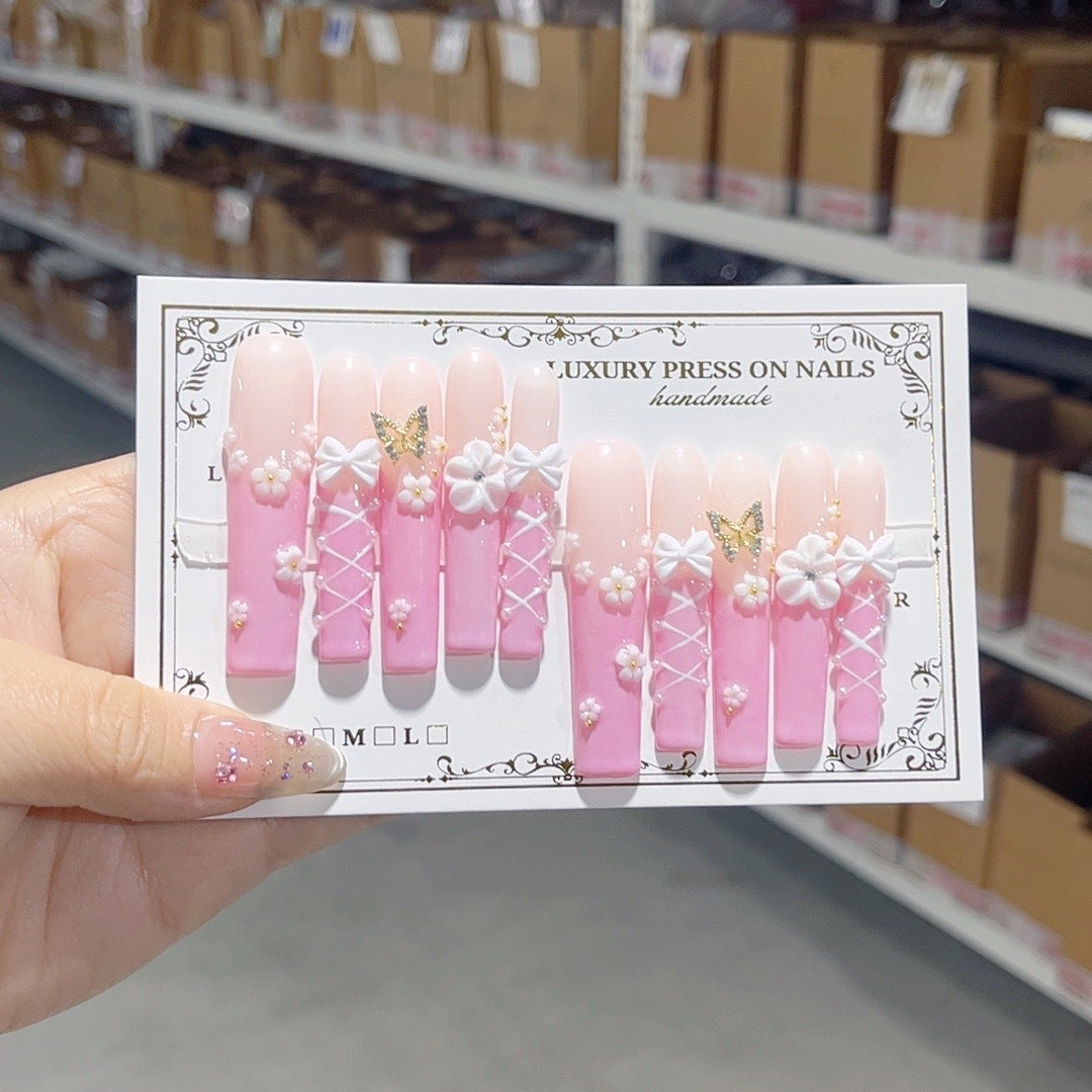 Soft Pink Floral Butterfly Lace Press On Nails