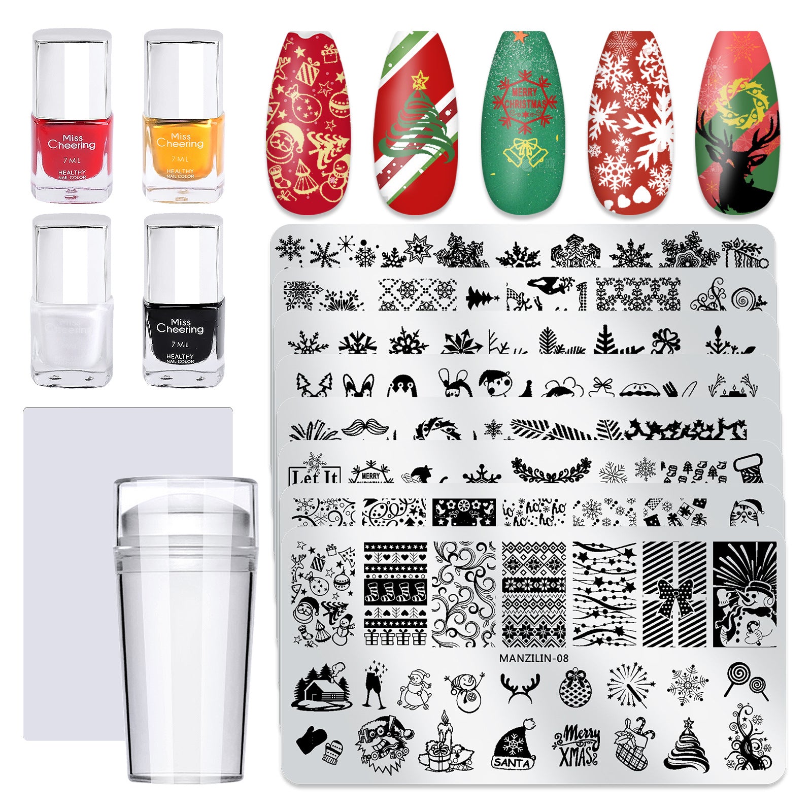 Christmas Nail Stamping Kit with Plates, Stamper & Polish Set (MOQ=3)