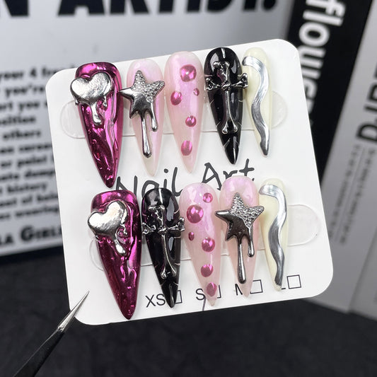 Long-pointed Handmade press on nails metal relief  Spice Girl nail art  sticker｜365nails