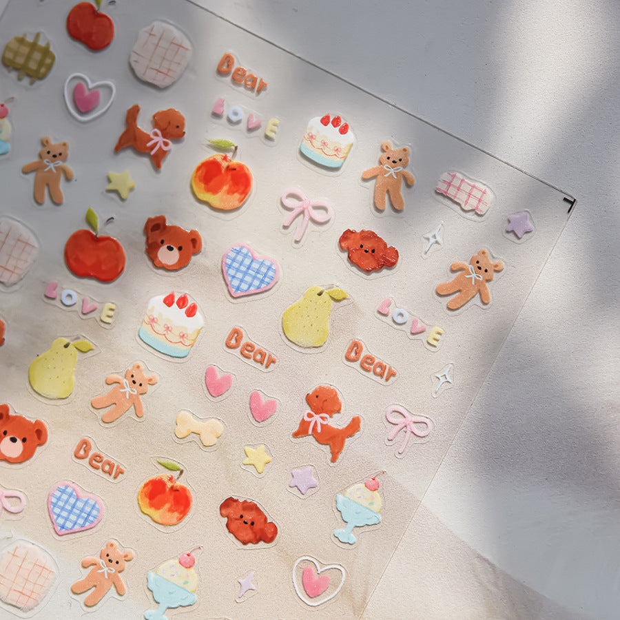 Cute Teddy Bear & Fruit: "Cozy Sweet Toy Box" – 5D Embossed Nail Sticker