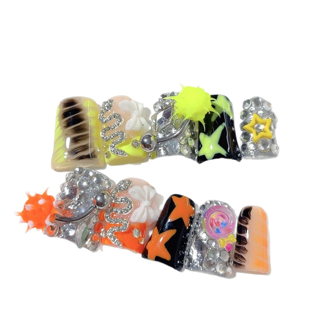 Cyber Punk: "Neon Chaos" – Duck Bill Shape 3D Handmade Press On Nails