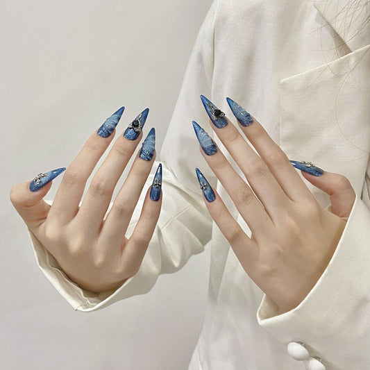 Temperament white blue ocean hot Internet celebrity handmade press on nails wear Spice girl nail art fake nails sticker nail art | 365nails
