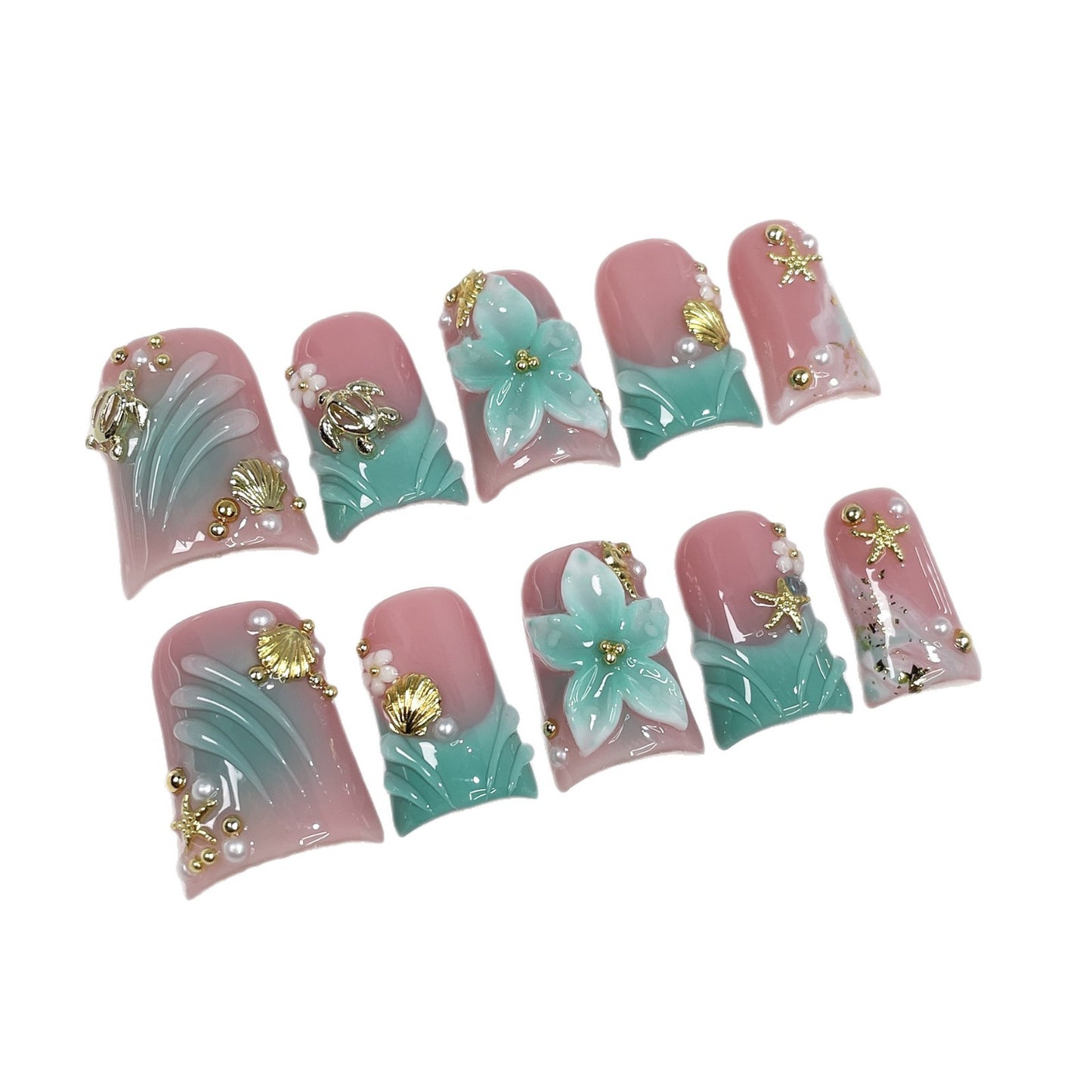 Aqua Bloom Seashell Series Press-On Nails