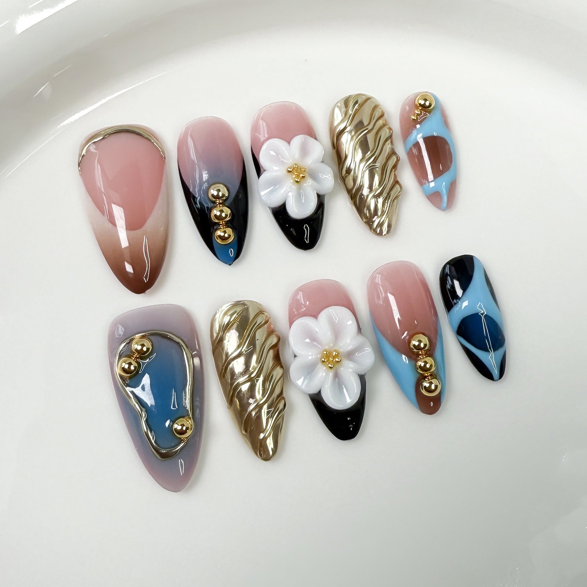 Uñas de almendra de Spice Girls, uñas ruborizadas tridimensionales talladas, uñas dulces y puras, ideales para usar, hechas a mano al por mayor | 365nails
