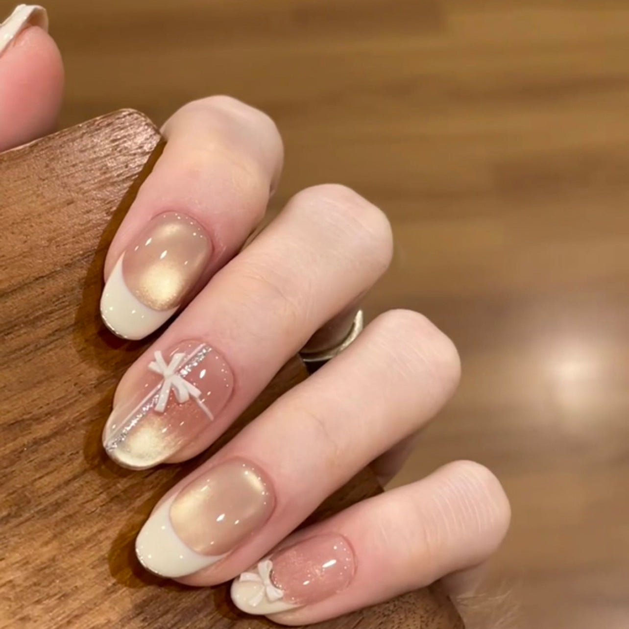 "Pearl Chrome & White Ribbon" - Precision Crafted Press-On Nails