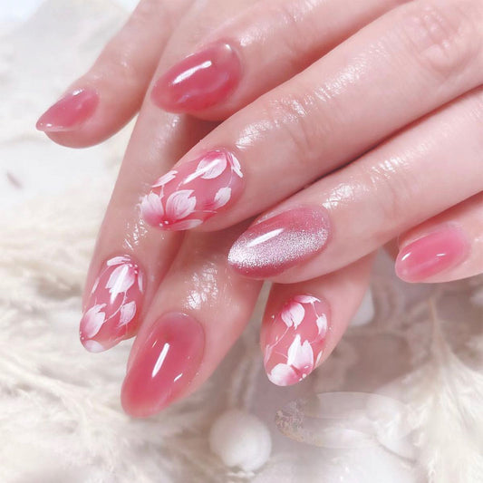 Almofadas para unhas postiças, blush, glitter rosa, unhas postiças, flores brancas, estilos curtos, almofadas para unhas postiças com vento, usando armadura｜365nails