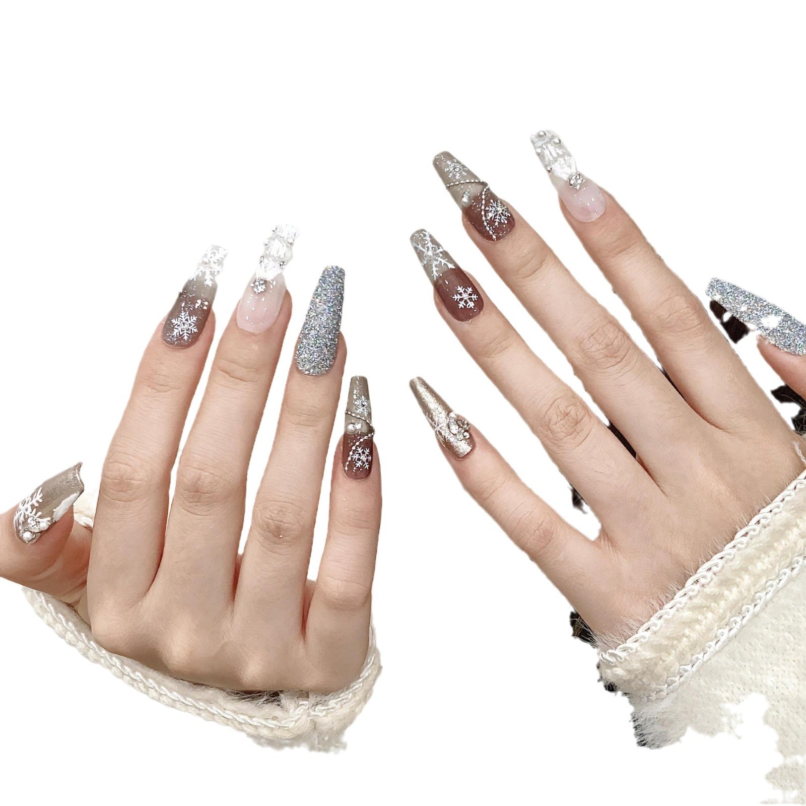 Silver and Mocha Christmas Press‑On Nails – Snowflake & Glitter Design