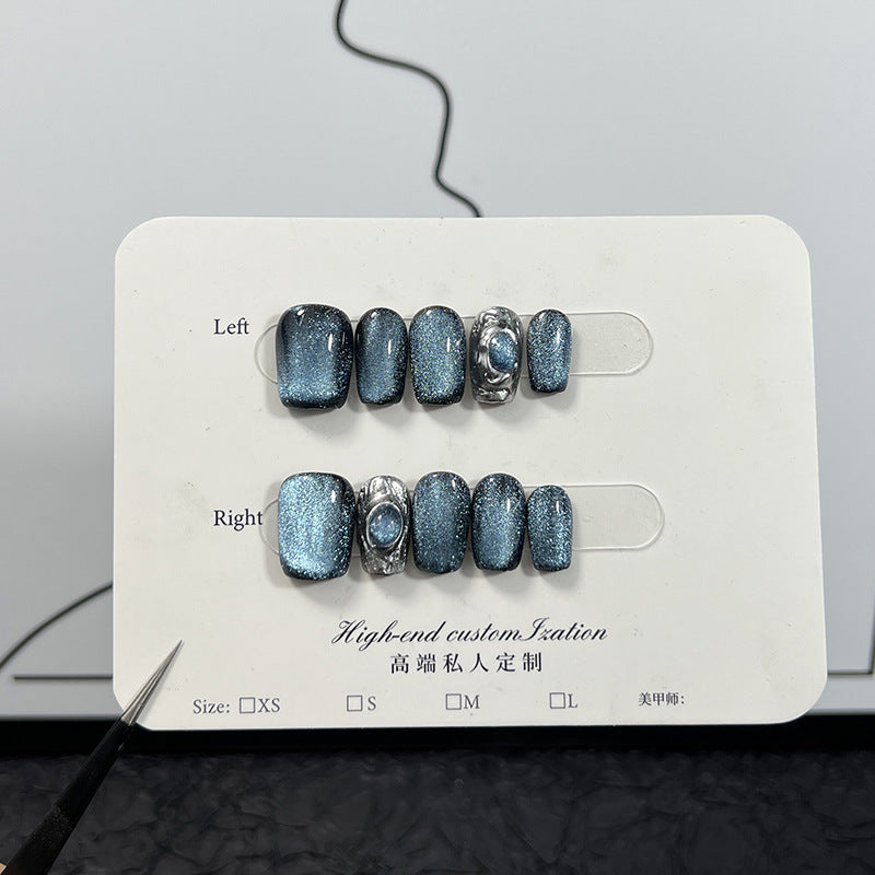 365nails Nocturne: "Midnight Sapphire" – Short Square Cat Eye & Glitter Press On Nails 24pcs