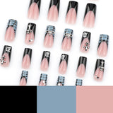 Unhas postiças francesas pretas com padrão de crocodilo, remendo de unha em forma de cruz, remendo de unha quadrado, 365nails