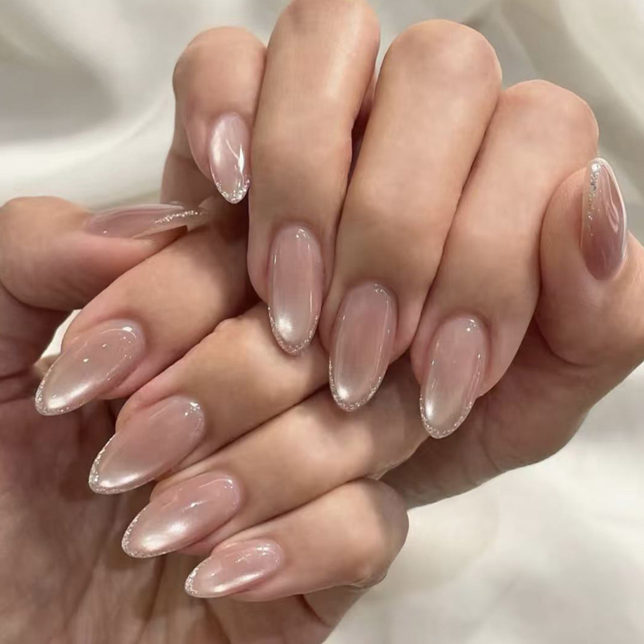 French glitter press-on nails almond shape nude cat eye glitter nail art