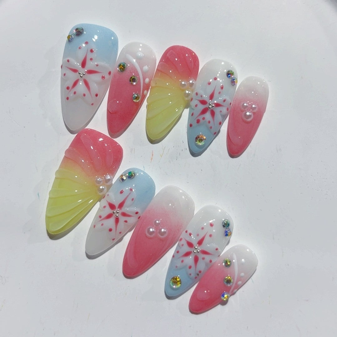 365nails-Ocean Breeze: "Coral Starfish" – Almond Shape Handmade 3D Carved Press-On Nails
