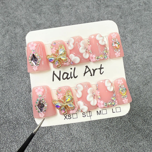 Duckbill Shape nail, sweet, small and fresh three-dimensional carving, sparkling butterfly, advanced sense, Handmade press on nails wholesale｜365nails