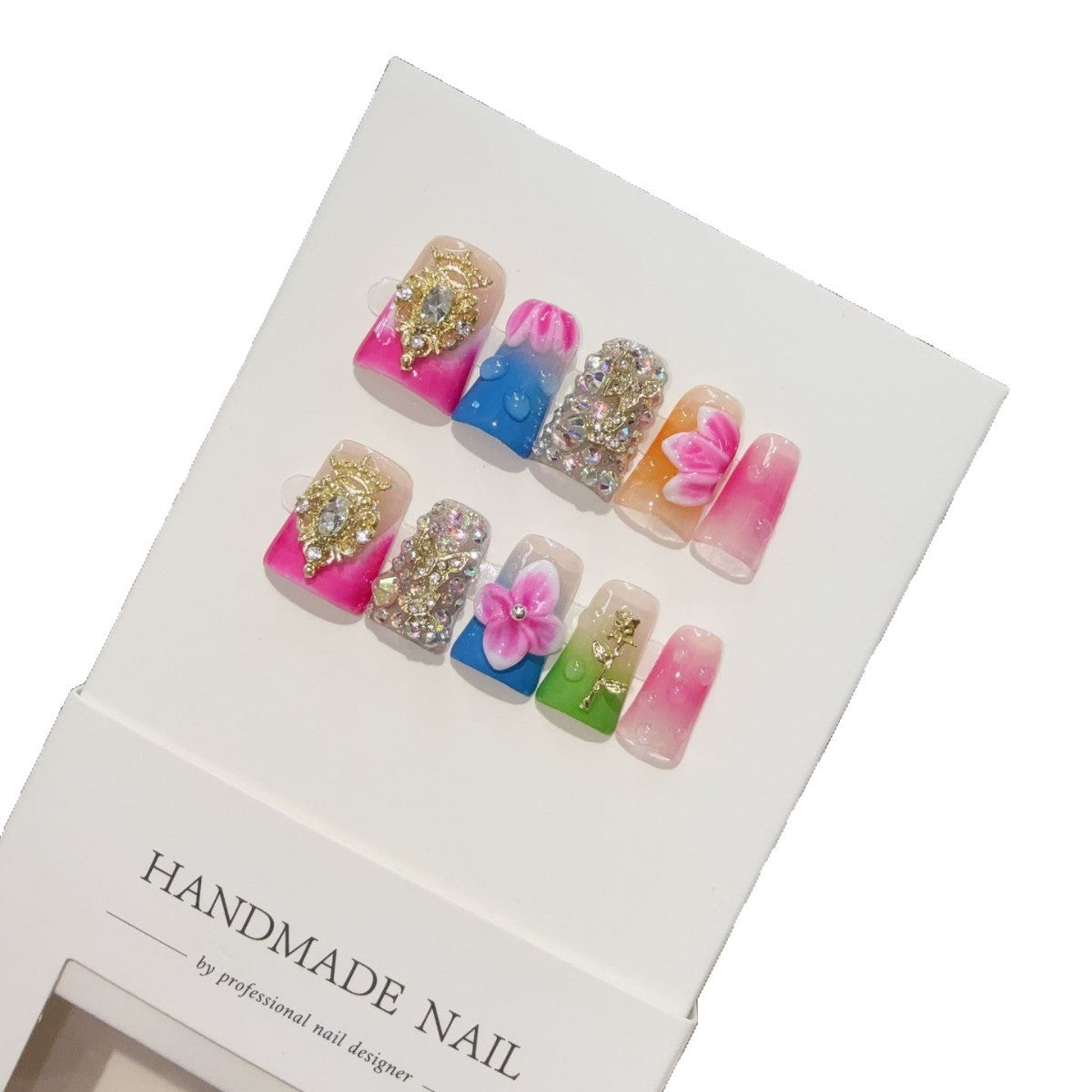 365nails: "Rainbow Reverie" – 3D Floral Crystal Handmade Coffin Nails