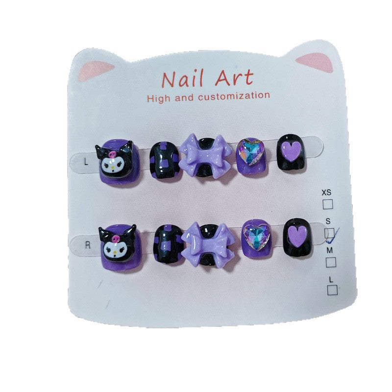 365Nails: "Kuromi Dark Purple Fantasy" – Handmade Cute Short Oval Press On Nails With Kuromi & Bow Design