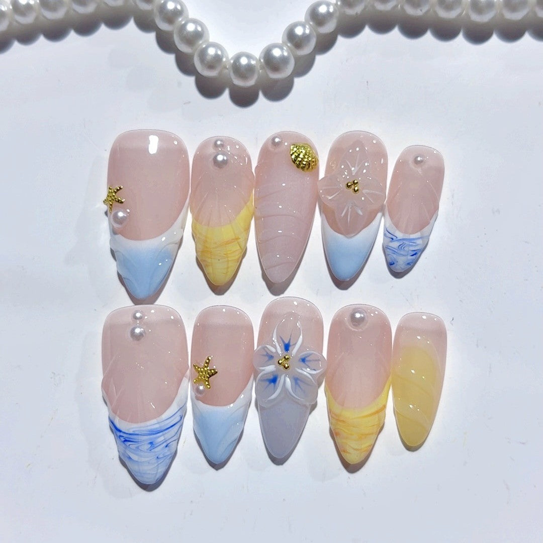 365nails-Serenidade à Beira-Mar: "Brisa do Oceano" – Unhas Postiças Amêndoas