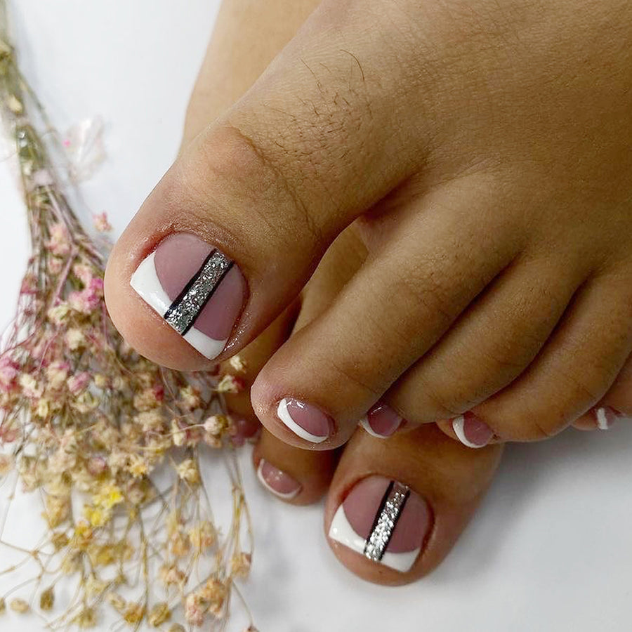 365nails: "French Glitter Stripe Square Toenails" – Classic Press-on Toenails