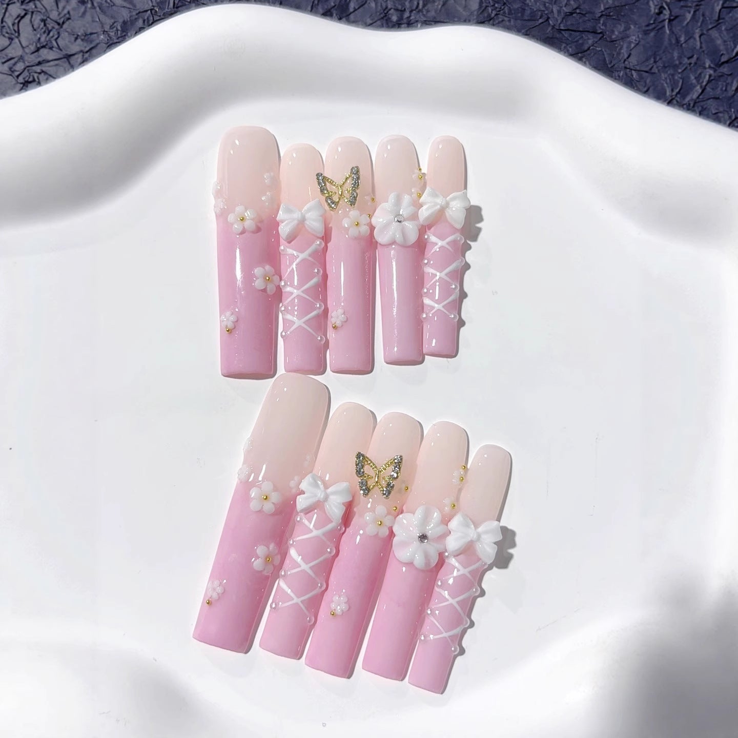 Soft Pink Floral Butterfly Lace Press On Nails