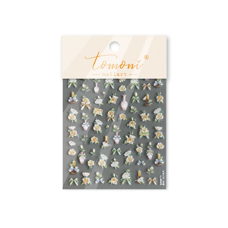 Vintage Floral Vase Nail Stickers – 5D Embossed Still Life Elegance Set