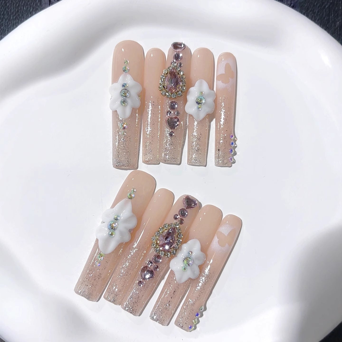 Nude Crystal Floral Elegant Luxury Press On Nails