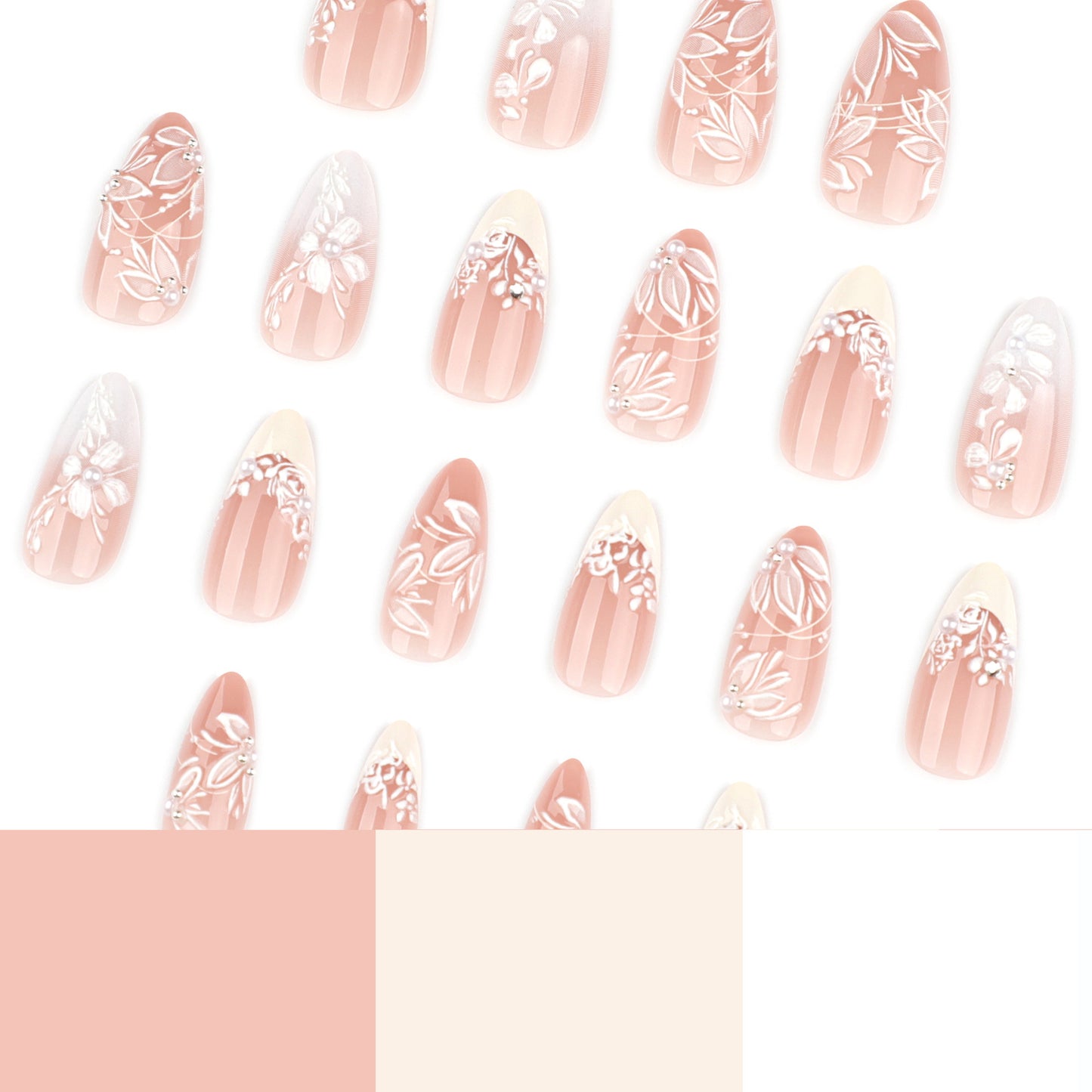 White Floral Embossed Sheer Pink Press On Nails