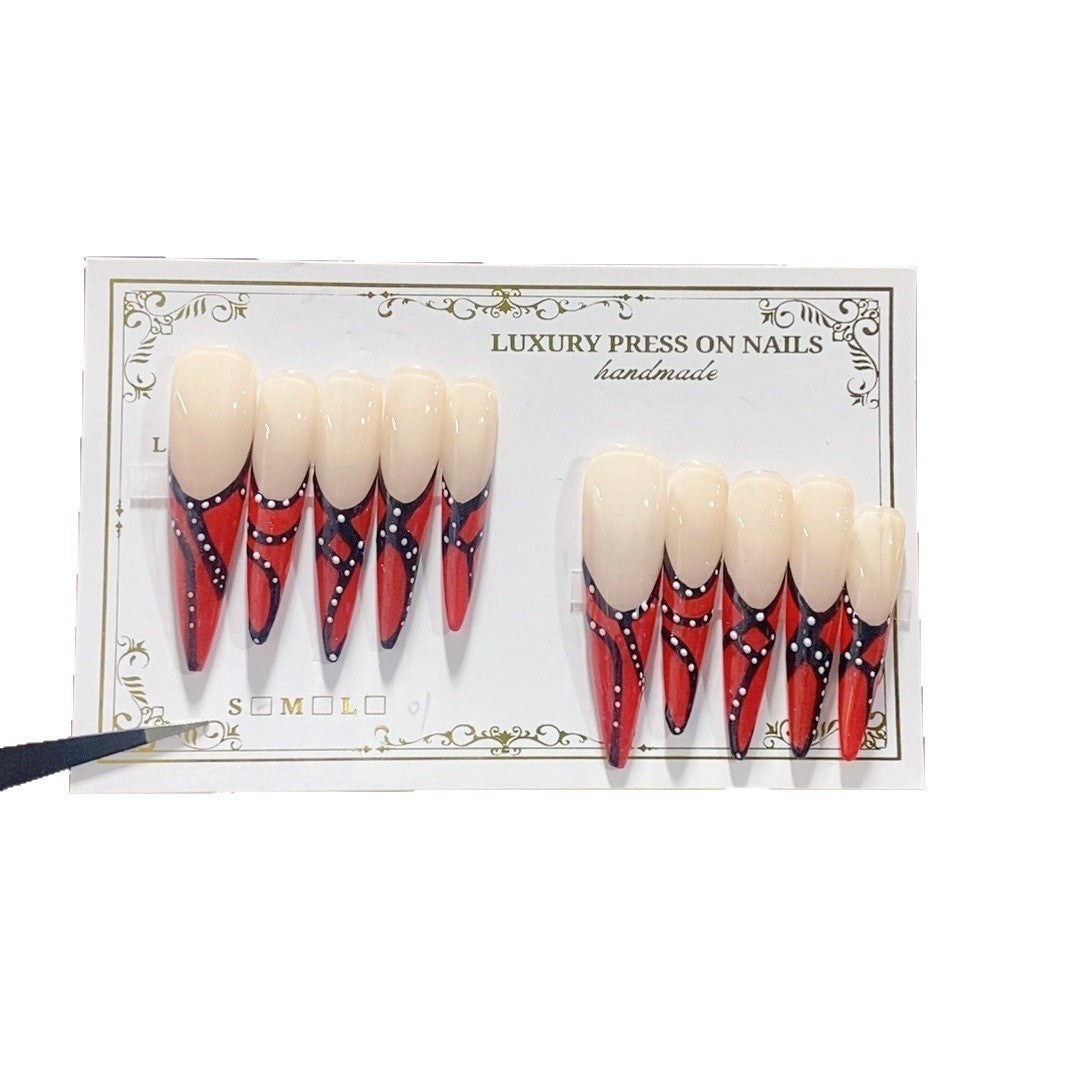 Red French Line Art Extra Long Press On Nails