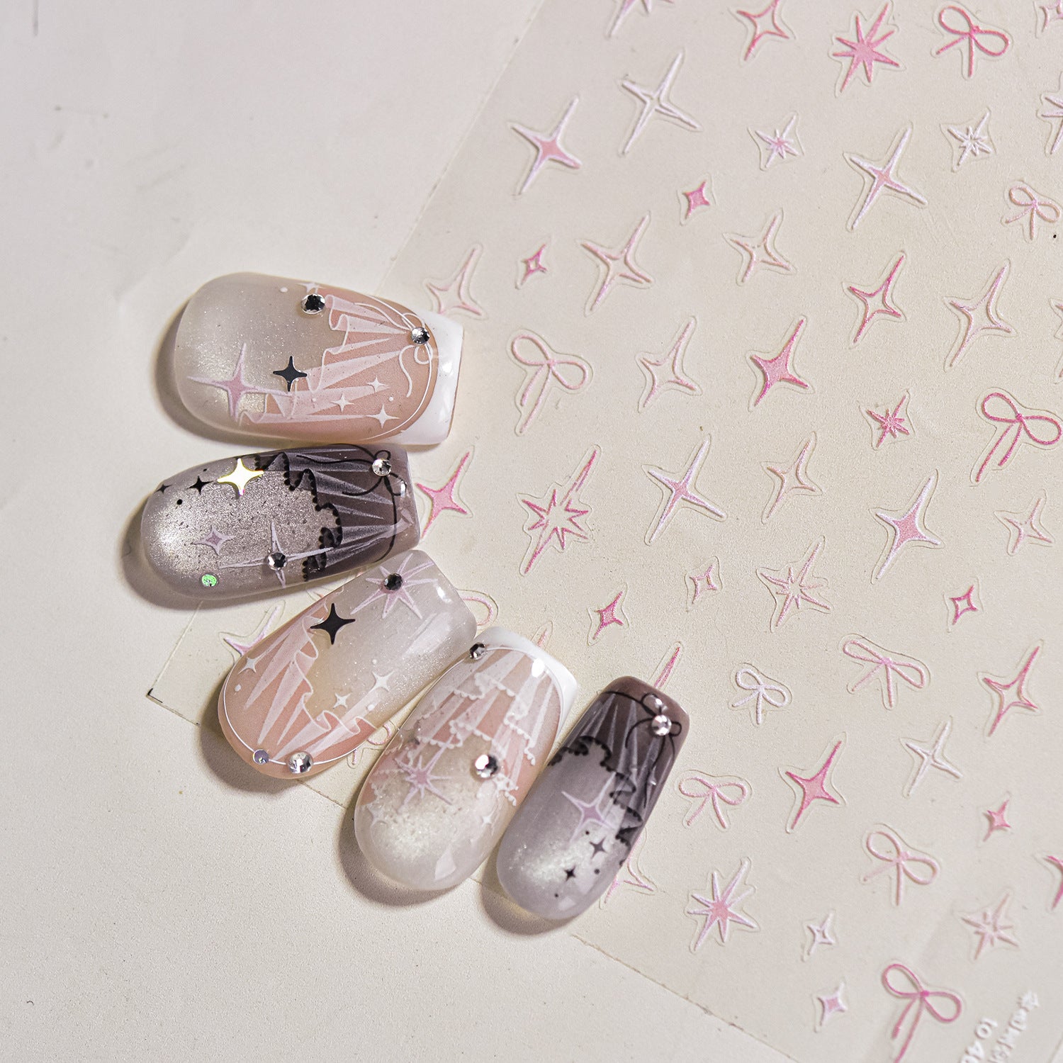 Misty Pink Star & Bow Collection: "Dreamy Pink Star Bow" – 3D Embossed Nail Sticker