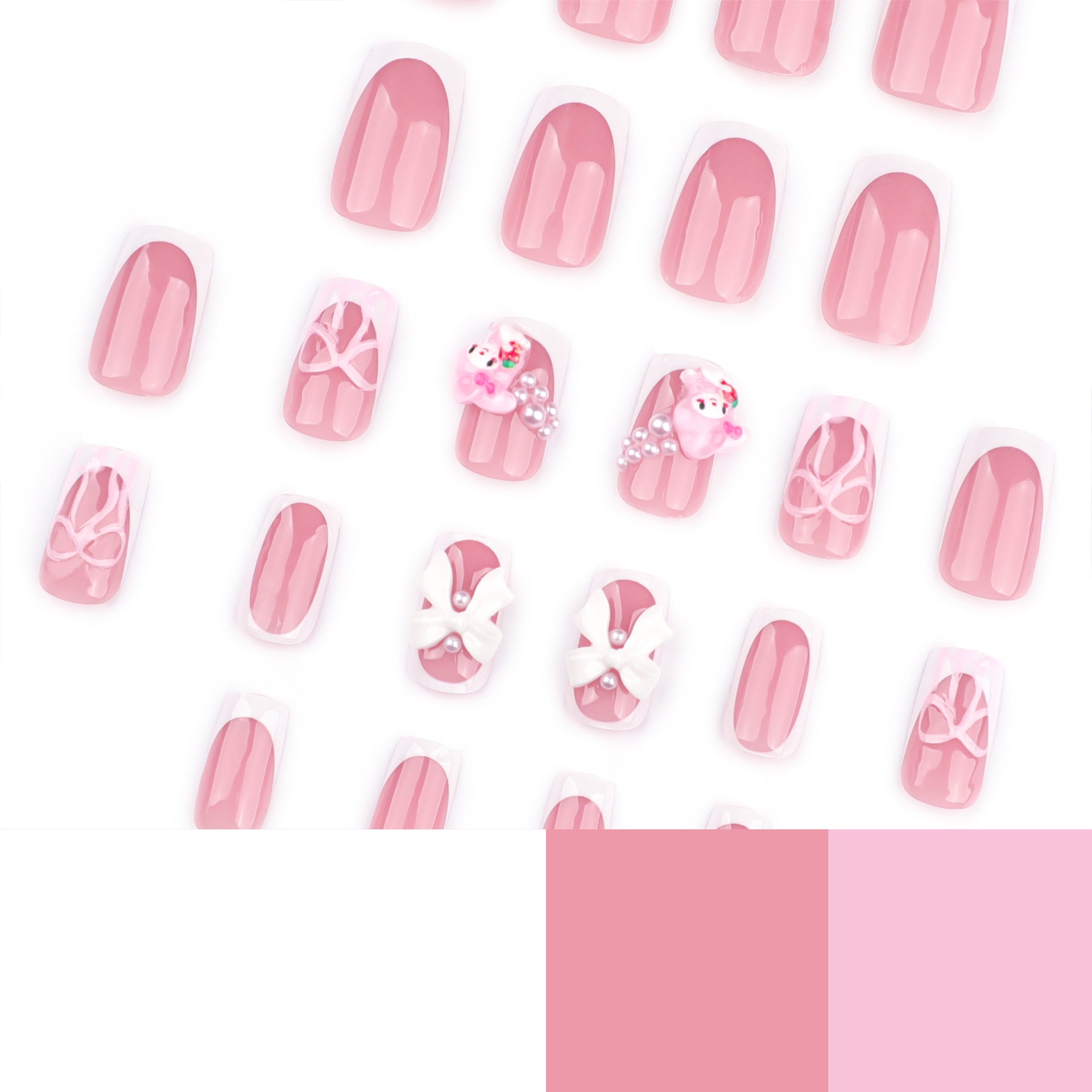 Unhas postiças francesas de pressão com bordas brancas e rosas, laço tridimensional, unhas curtas quadradas para manicure, atacado ｜365nails