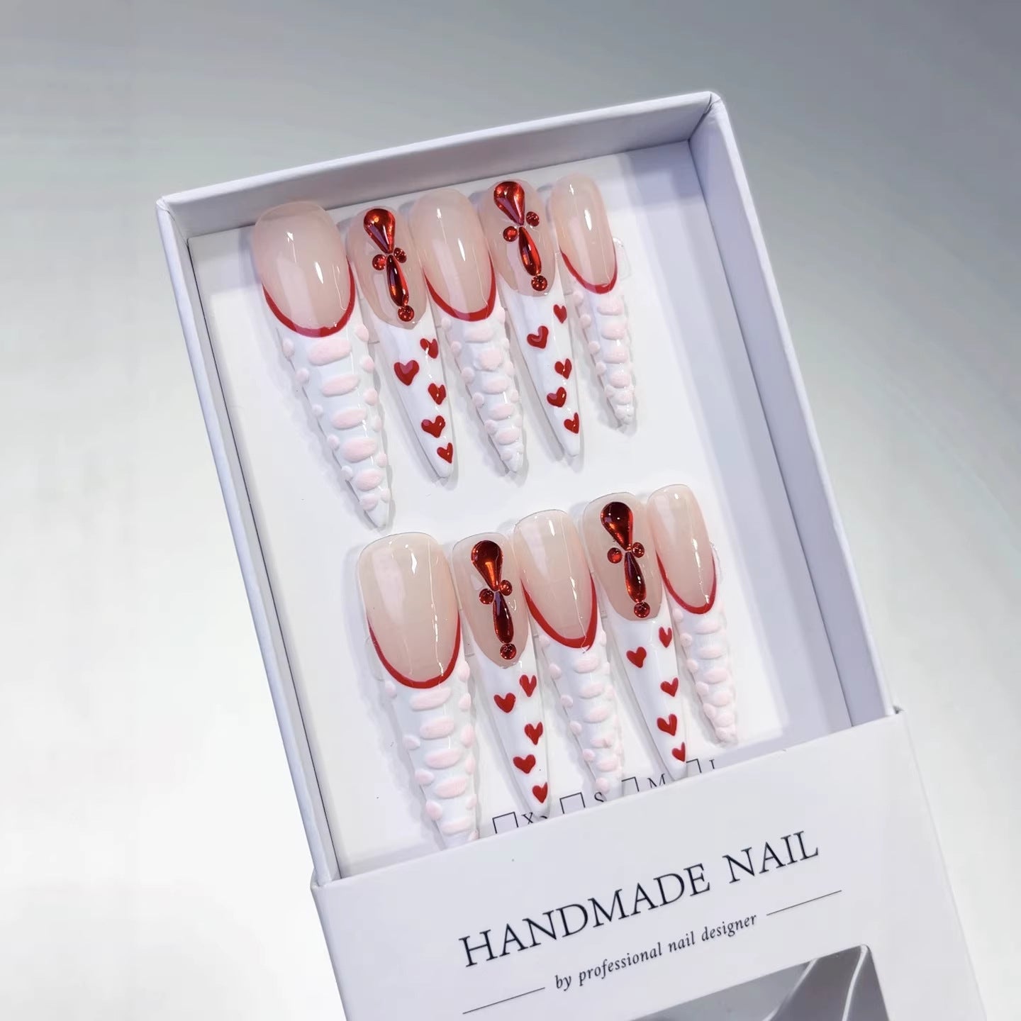 365nails: "Crimson Heart Ribbon" – Long Stiletto French Tip Handmade Press-On Nails