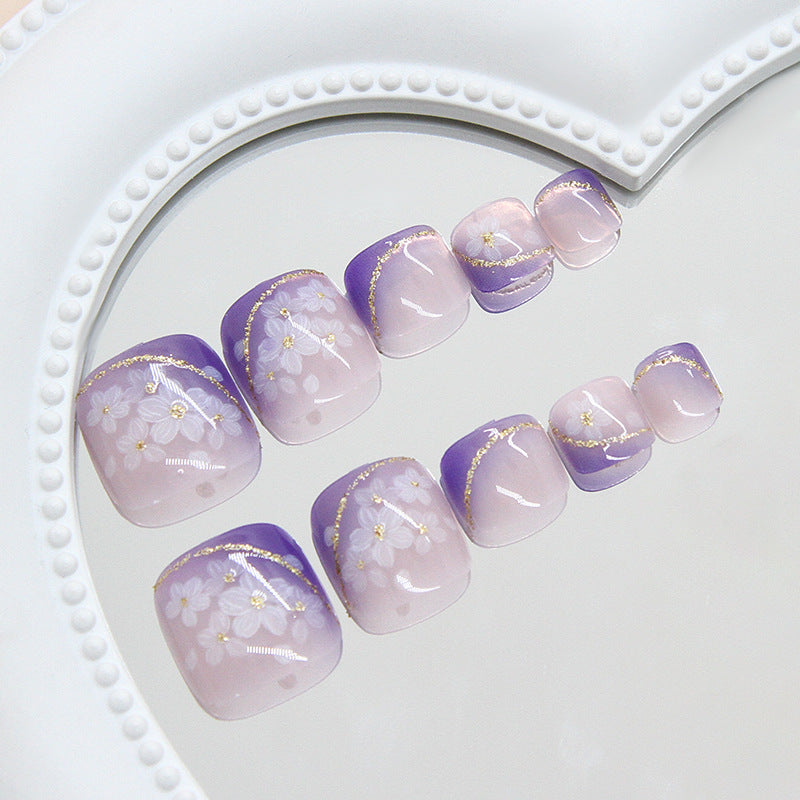 Encanto violeta claro, destello helado y fino, flores limpias y suaves, viento interior, 24 piezas de uñas de los pies extraíbles ｜365nails
