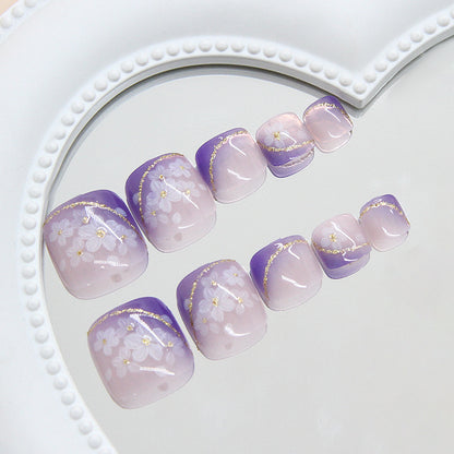 Encanto violeta claro, destello helado y fino, flores limpias y suaves, viento interior, 24 piezas de uñas de los pies extraíbles ｜365nails