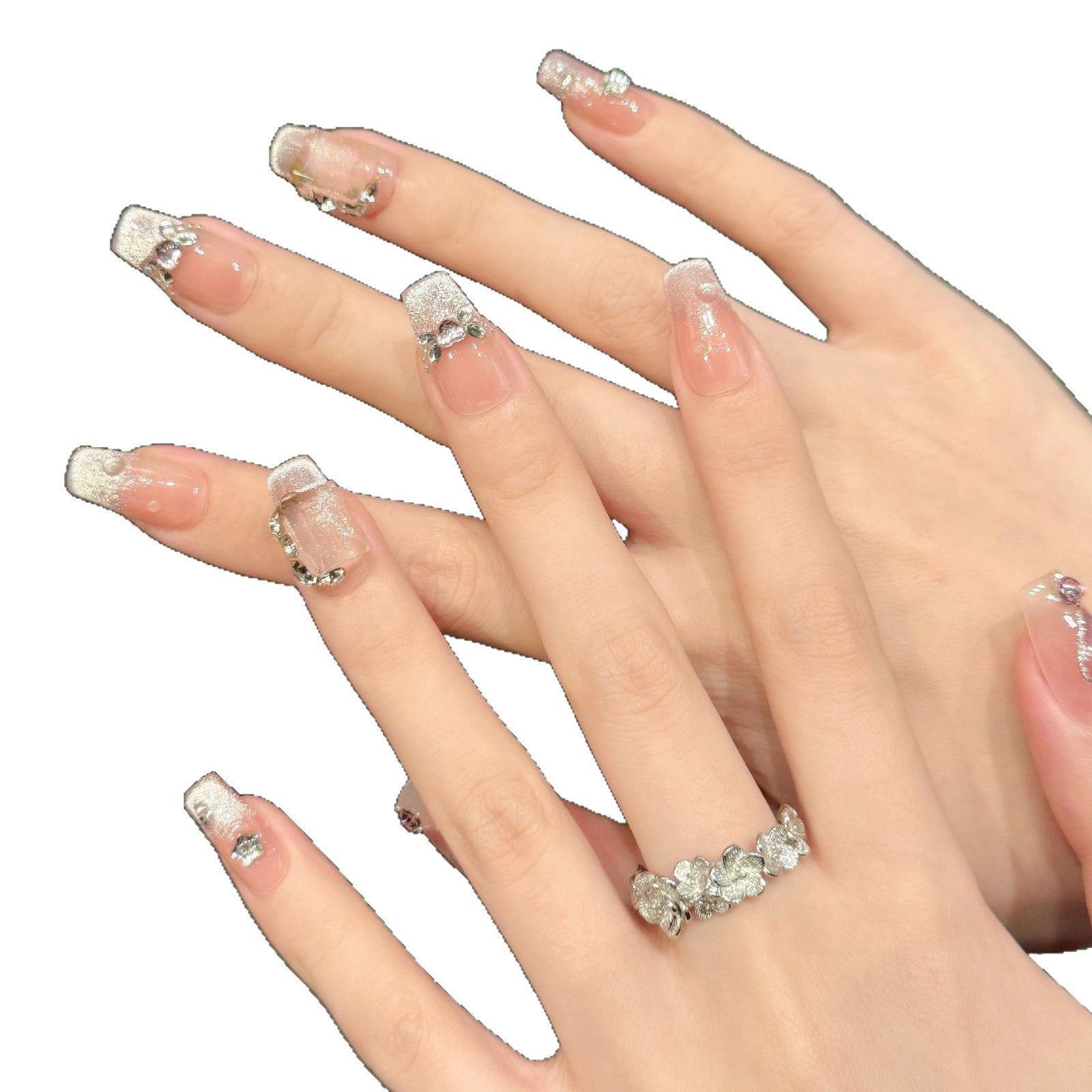 365nails: "Blushing Diamond" – 무지갯빛 하트 & 라인스톤 수제 미디엄 코핀형 네일