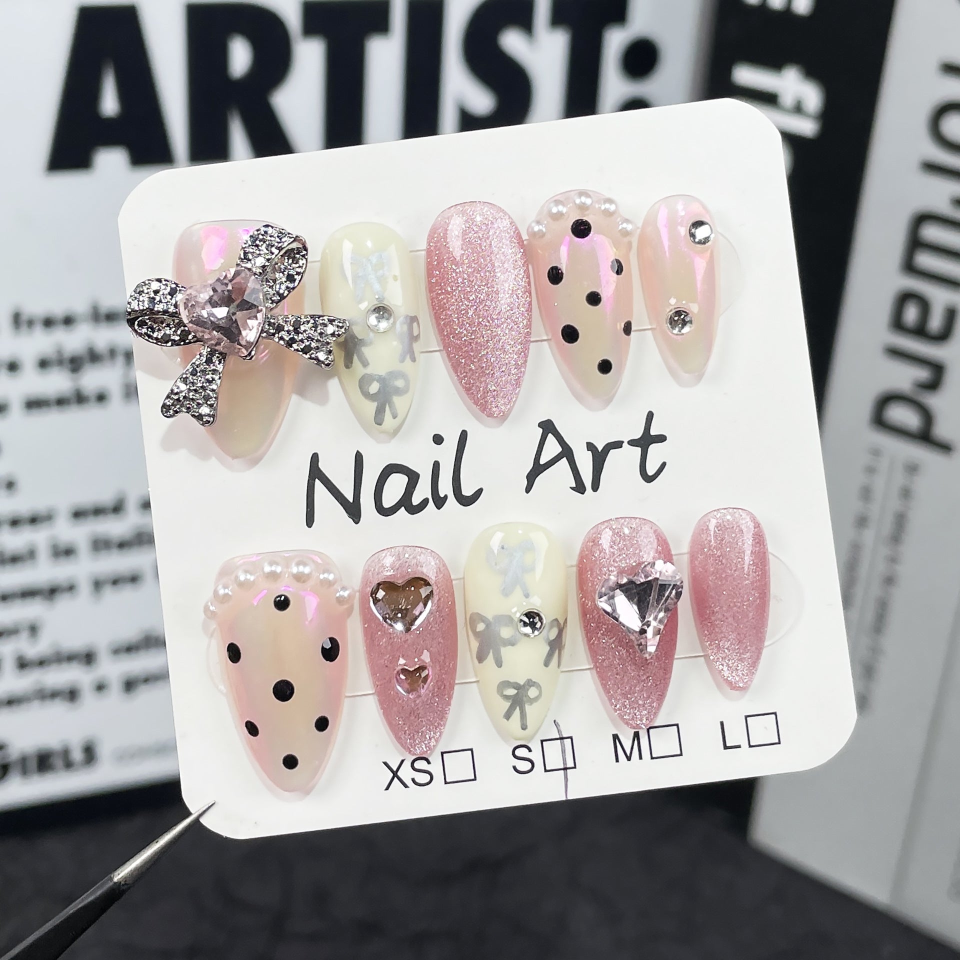 Unhas postiças artesanais, lindas e fofas, patch de unha aurora, laço pintado à mão, unha amendoada, arte de unha｜365nails