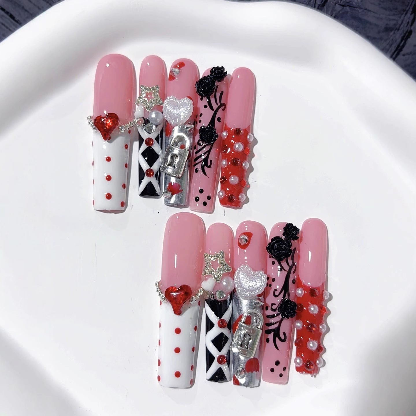 Pink Gothic Heart Crystal Statement Press On Nails