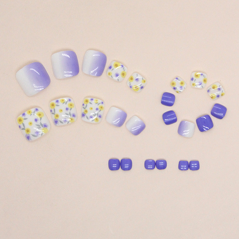 Summer cool blue purple yellow flower manicure gradual change fairy gas Press-on toenails wear nail fake nails wholesale 24 pieces｜365nails