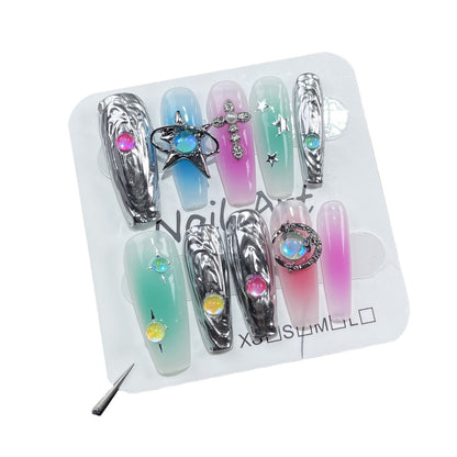 Sweet and cool babes dopamine color scheme handmade armor  style metal three-dimensional relief long nail patch｜365nails