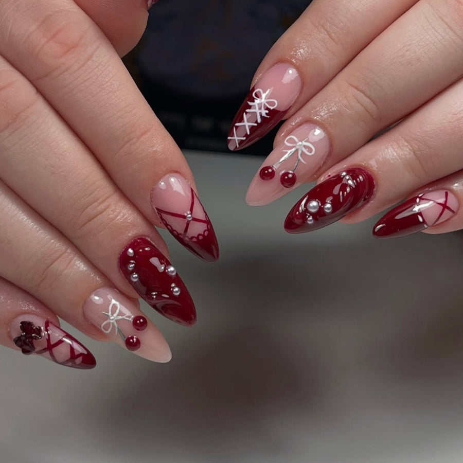 Long Almond Press On Nails with Red Base & Cherry & Bow Accents