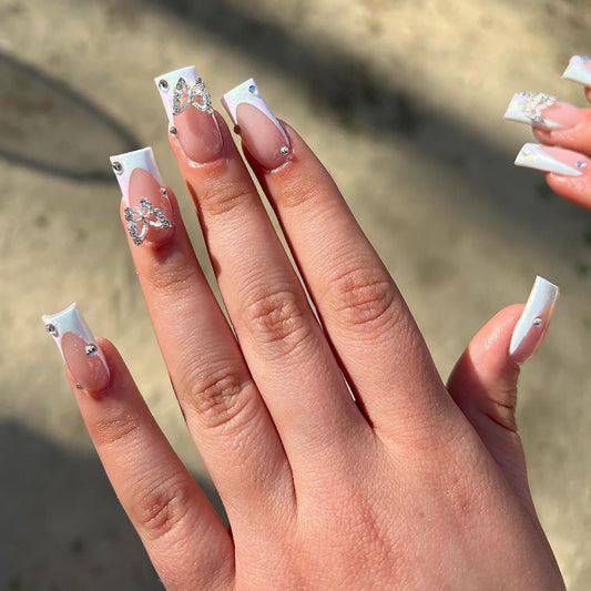 French white edge manicure piece Pure desire butterfly flash diamond  Rectangular nail ｜365nails