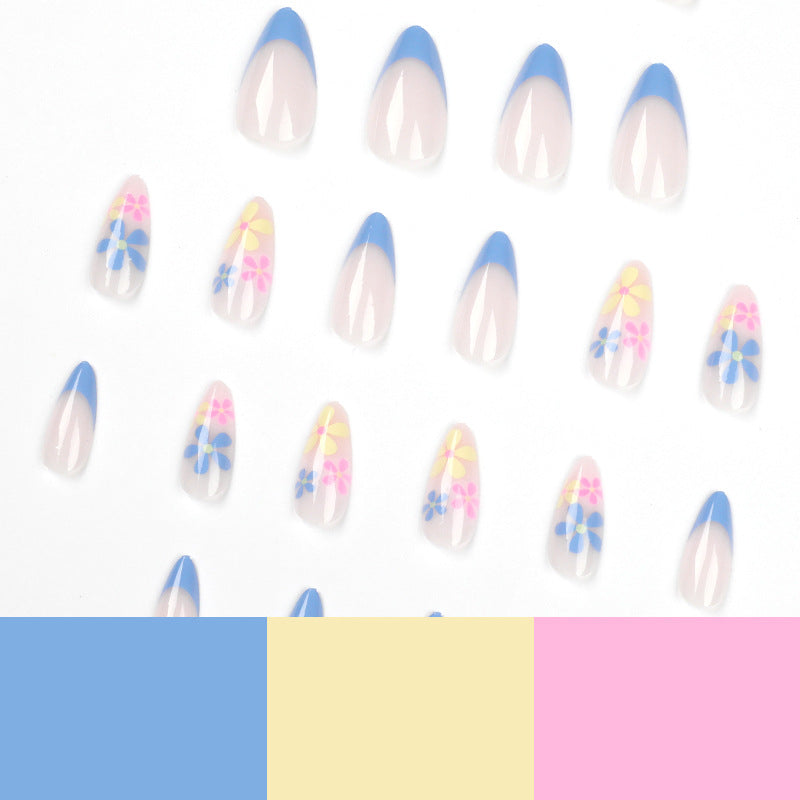 藍邊法式簡約花朵穿戴甲 批發｜365nails