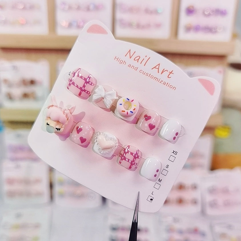 Bubble Girl Pink Cute Kids Press On Nails with Hearts