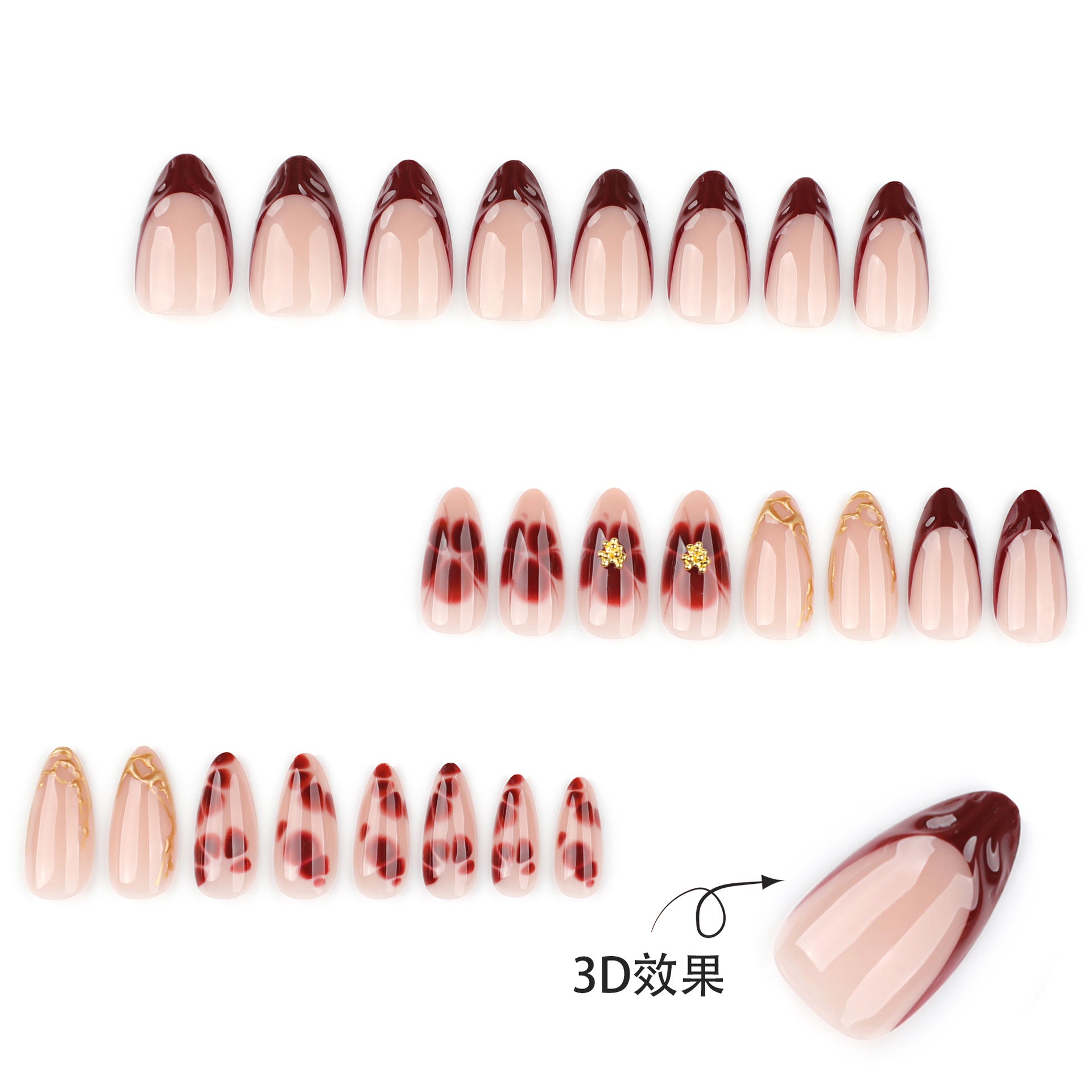 歐美跨境法式咖啡色 3D 花瓣穿戴甲 短款 杏仁形 甲片 批發